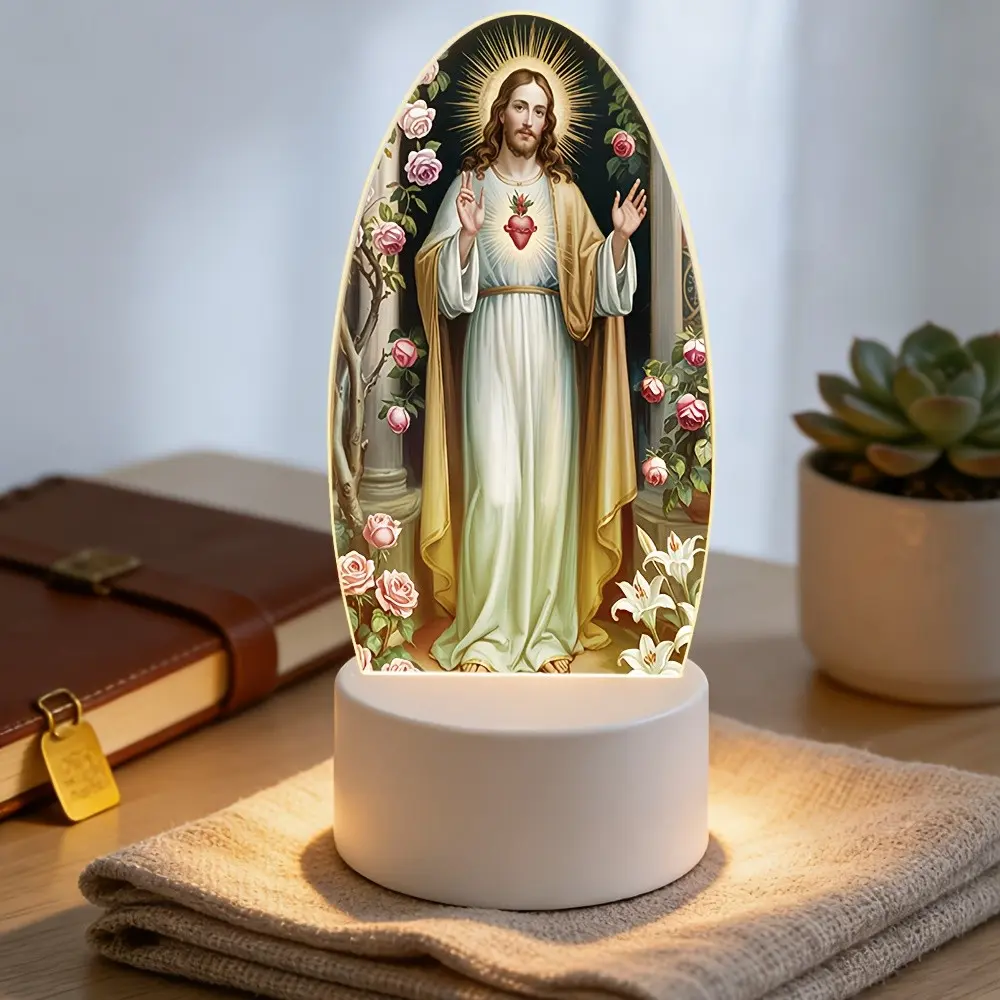 Jesus Sacred Heart Acrylic Night Light, Christian Religious Decoration Home Decor Lamp, Bedroom Prayer Room USB Ambiance Light, Easter Christmas Gift