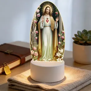 Jesus Sacred Heart Acrylic Night Light, Christian Religious Decor Lamp, Bedroom Prayer Room USB Ambiance Light, Easter Christmas Gift