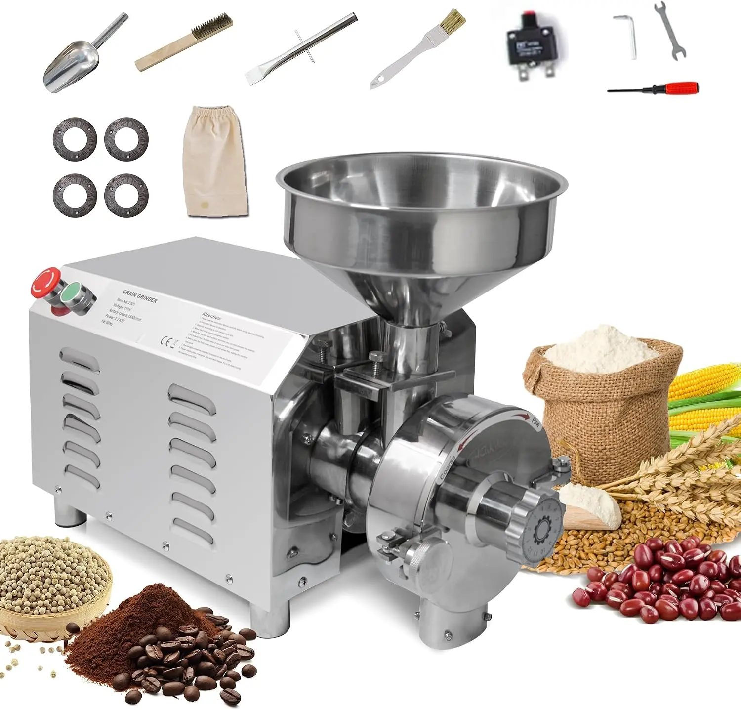 Hakka Electric Grain Grinder, 2200W Grain Milling Equipment, High-Efficiency Pulverizer Machine with 30-50kg/h Processing Capacity Grain Milling Machine Grain Processing Machine