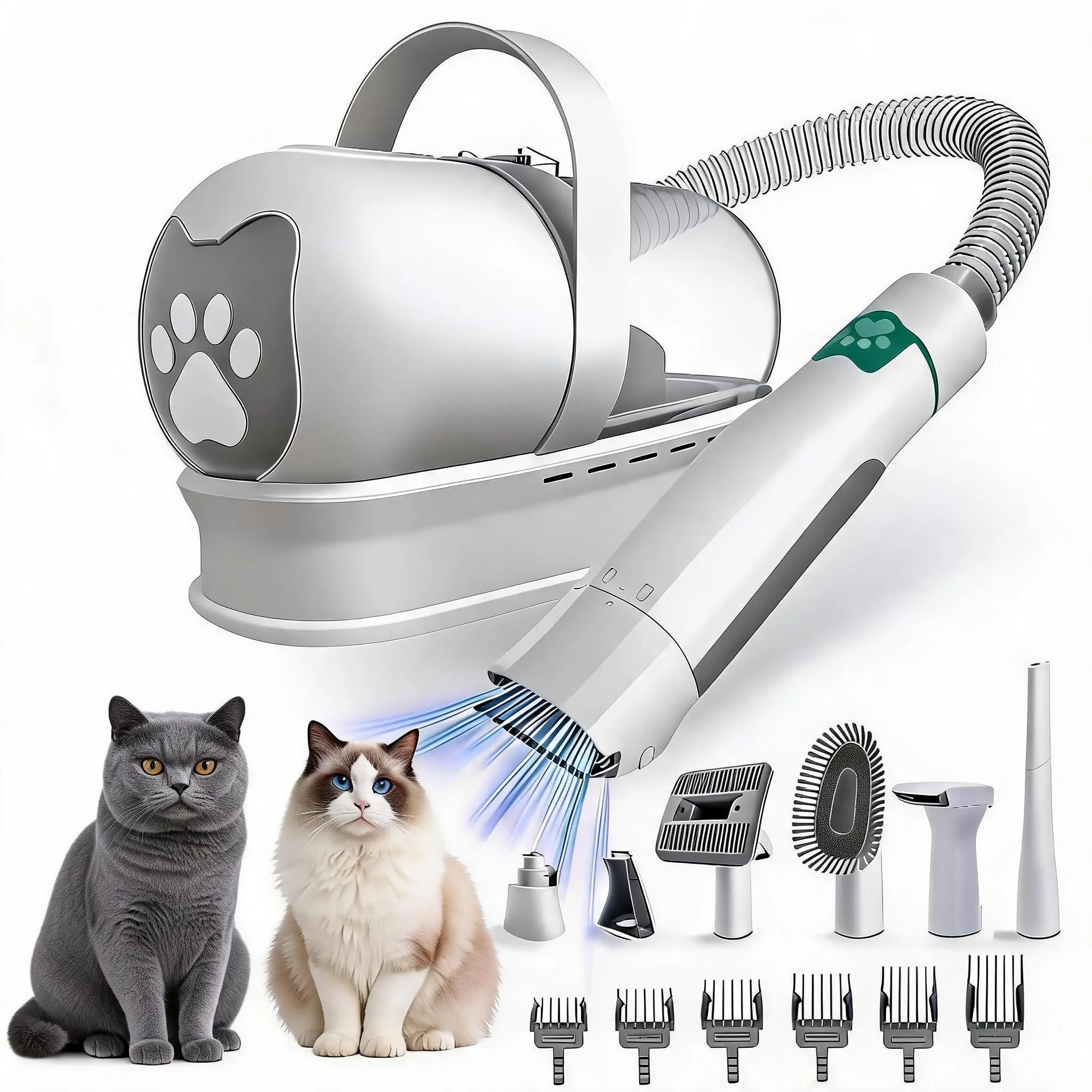 Professional Pet Hair Vacuum Groomer Set for Dogs & Cats, 7-in-1 Grooming Vacuum with 6 Precise Guide Combs, Complete Low Noise Shedding Brush & Paw Trimmer Kit