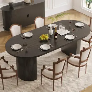 70.8 Inch Oval Dining Table Seats 4-6, Mid-Century Modern Kitchen Dining Table with Curved Fluted Wood Strip Base and Footpads, Ideal for Dining Room and Living Room