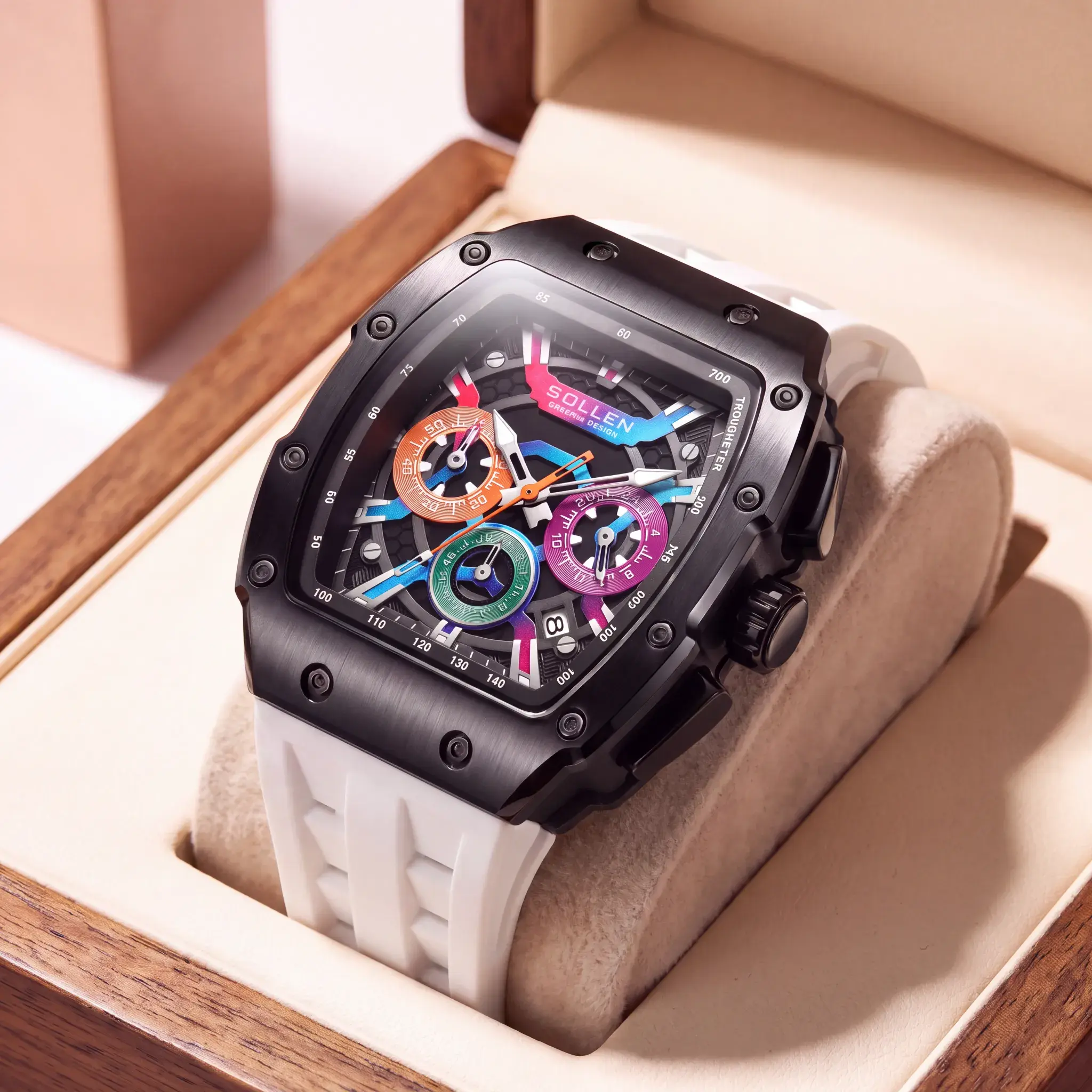 SOLLEN Men’s Rainbow Tonneau Watch – Multifunction Day & Date, 24H Chronograph Quartz, Colorful Silicone Strap,  Water-Resistant | Perfect Gift for Christmas, Birthdays, Father’s Day & Special Occasions – 728