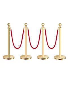 4PCS Gold Stanchions Posts with 3PCS 4.92 ft Red Velvet Rope,  Red Velvet Rope Stanchion Set Crowd Control Barriers, Stanchions and Velvet Ropes Red Carpet Poles for Party Supplies