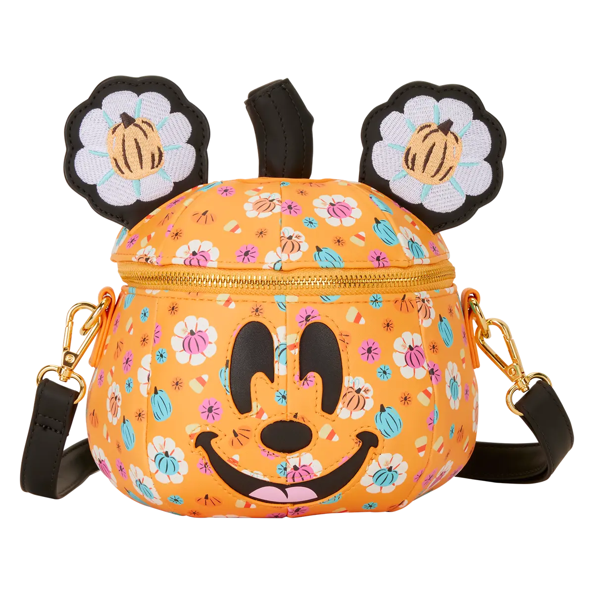 Loungefly Women's Mickey Mouse Floral Pumpkin Head Glow Figural Crossbody Shoulder Bag, Adjustable Crossbody Shoulder Design, Glow In The Dark, Polyurethane, Figure