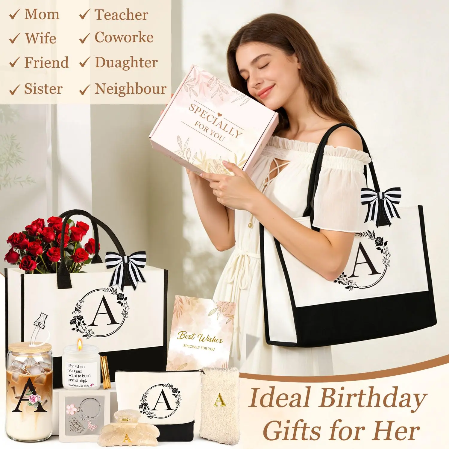 Personalized 10PCS Birthday Gift Set Canvas Tote Makeup Bag Glass Tumbler Hair Clip Candle Holder Basket Unique Present for Mom Wife Bestie Teacher Woman Her