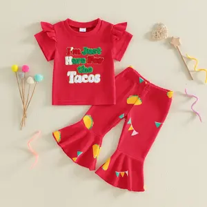Kids Girl Mexican Outfits Sombrero Embroidery Print Short Sleeves T-Shirt and Elastic Flare Pants 2 Piece Clothes