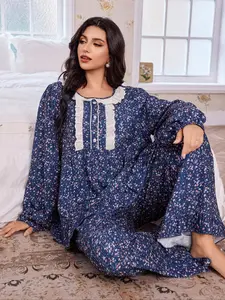 Romantic Ditsy Floral Round Neck Patchwork Color Block Embroidered Lace Long Sleeve Pants Plus Size Sleepwear, Pajama Set