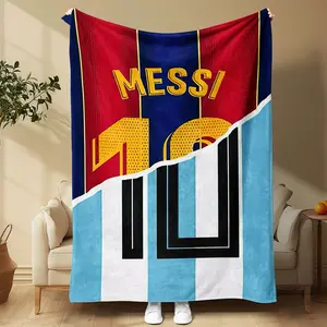 Contemporary Anime Messi Jersey Theme Polyester Knitted Slogan Print Blanket, All Seasons Comfort, Digital Print, 200-270gsm, Ideal Christmas Gift