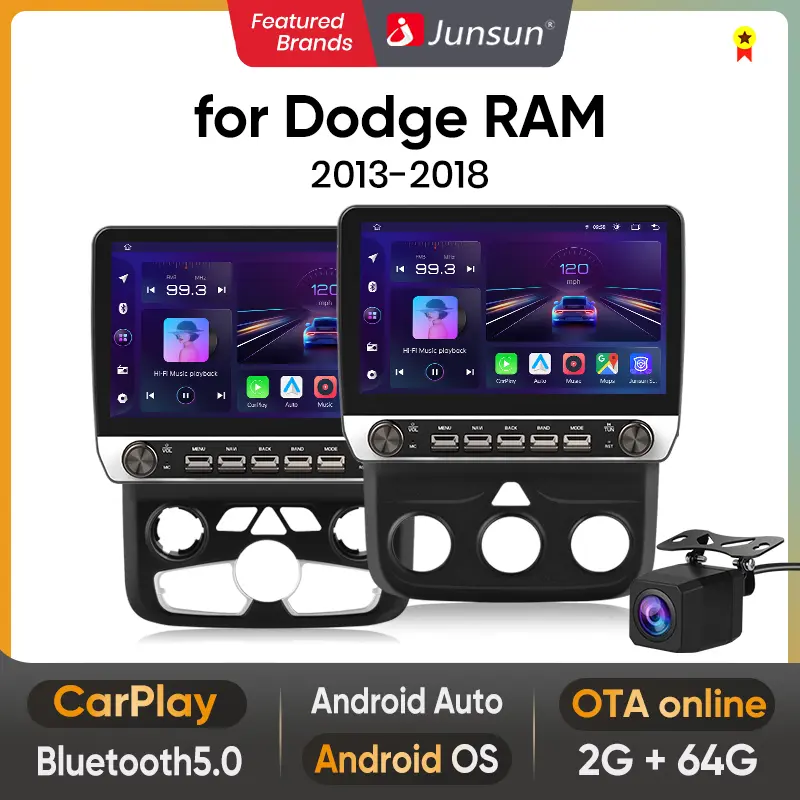 Android 15 LCD Touchscreen Car Radio Stereo for Dodge RAM 1500/2500/3500 (2013-2018) - CarPlay, GPS Navigation, OTA Online, Android 13 Auto, Bluetooth, Manual AC, Backup Camera