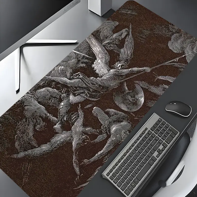 Classical Religious Art Jesus Devil Design Large Gaming Mouse Pad,Aesthetic Desktop Drotection Pad,Desktop Accessories,Washable Rubber Pad Non-Slip Lock Edge Multi-Size Mouse Pad Suitable For Home Office,Good Gift for Family and friends