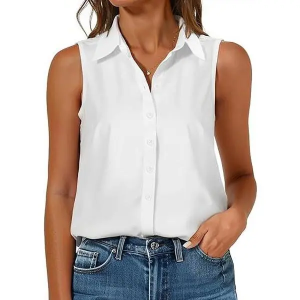 Women's Sleeveless Button-Up Chiffon Blouse Classic V-Neck Collared Vest, Fits Lady, Formal Minimalist Basic Top for Casual Office Wear#Summervibes