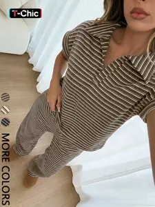 2-Piece Striped Polo Top & Wide Leg Pants Set - Cozy Loungewear Pyjamas Pajama Nightwear for Home & Casual Outings, Women | Viral TikTok Outfit, Quiet Luxury Aesthetic