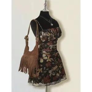 Women's Vintage Maple Leaf Print Floral Ruched Mini Dress Sleeveless, Retro Style Bohemian Dress, Perfect for Spring and Fall, Casual Stylish and Comfortable Dress
