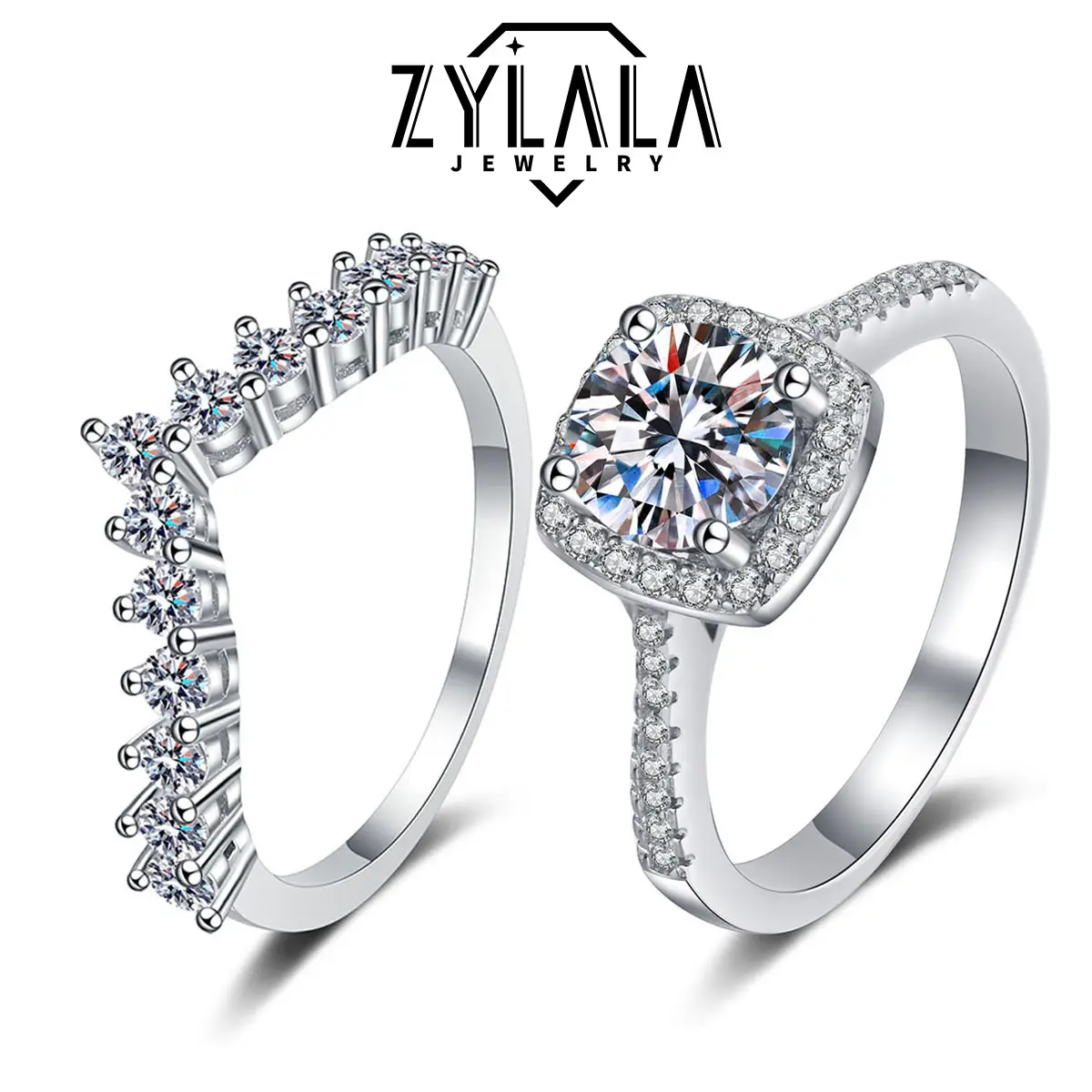 [178] 0.5/1.0/2.0ct Luxurious Square Synthetic Moissanite Ring + Synthetic Moissanite V Band 925 Sterling Silver Promise Ring Engagement Wedding Jewel