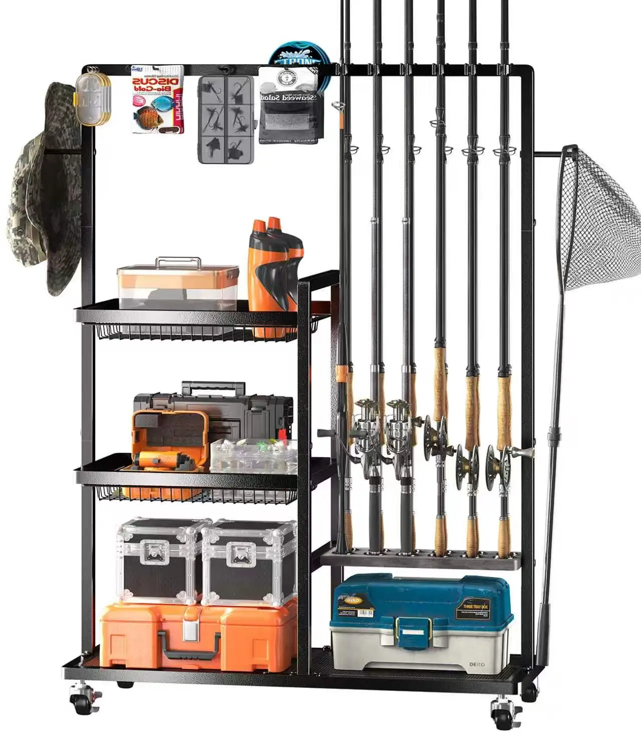 SOYEEZE Fishing Rod Holders for Garage, Fishing Pole Rack-360 Degree Rotating, Floor Stand Fishing Rod Storage Holds Up to 12 Rods, Space-Saving Pole Organizer with Unique Hook & Basket Design