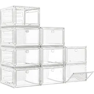 Large Clear Shoe Boxes Organizer Thicker Material Stronger Shoe Box with Magnetic Door Stackable Shoe Storage Box for Closet Foldable Space-Saving Storage Bins Shoe Cabinet White 9 Pack