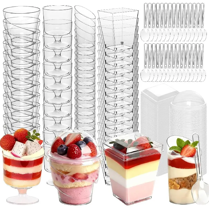 400-Pack 5 oz Dessert Cups with Lids and Spoons, Clear Plastic Parfait & Yogurt Cups, Mini Shooter Cups for Parties, Ice Cream, Pudding, Fruit |   Square Appetizer Containers