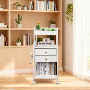 [ManyDFYu] Utility Cart okMadeMeBuyIt, Viral 3 Tier Metal HomeOrganization Rolling Cart with Removable Drawer Wooden Tabletop & USB Ports