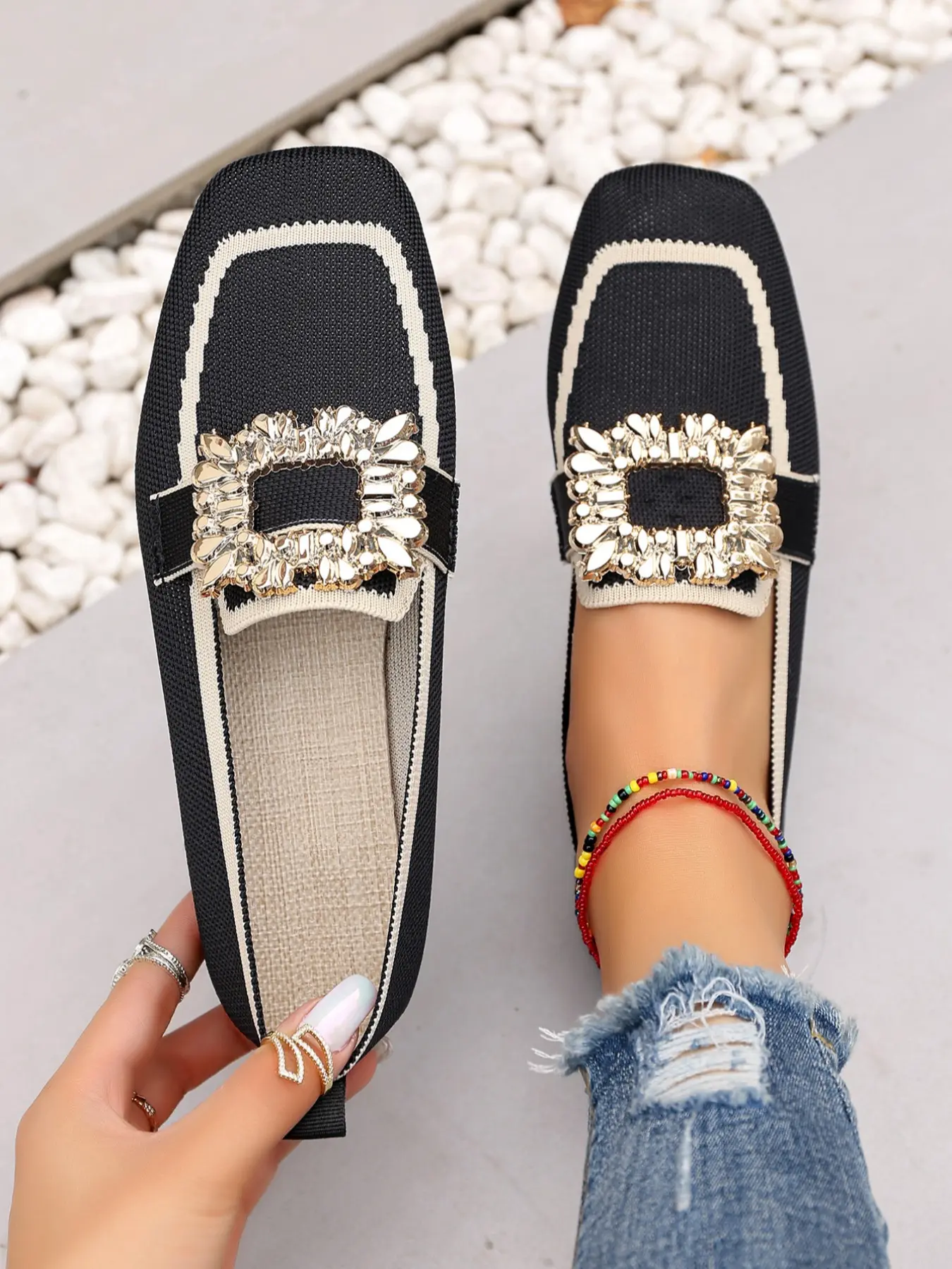 Women's Fashion Soft Sole Flat Shoes, Rhinestone Buckle Decor, Lightweight Comfortable Breathable Slip ons, Casual Spring & Fall Footwear Gift, Slip on Flats, Slip Ins Shoes