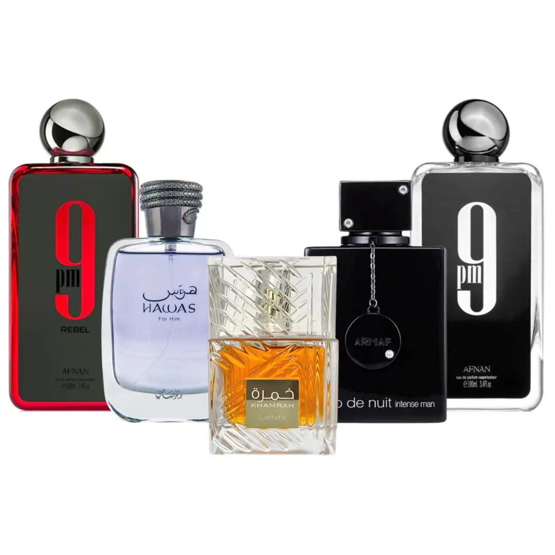 Lattafa Men's Arabian EDP Perfume Set - Multi-Vial Fragrance Set Including 9PM, 9PM Rebel, Hawas, Club De Nuit Intense, Khamrah Arabian Perfumes