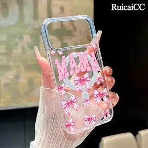 Pink Heart Bows MAMA Pattern Magnetic Phone Case for iPhone 15 Plus 17 16 Pro Max Air 14 13 12 11 Transparent Shockproof Soft Premium Stylish Durable Protection Case