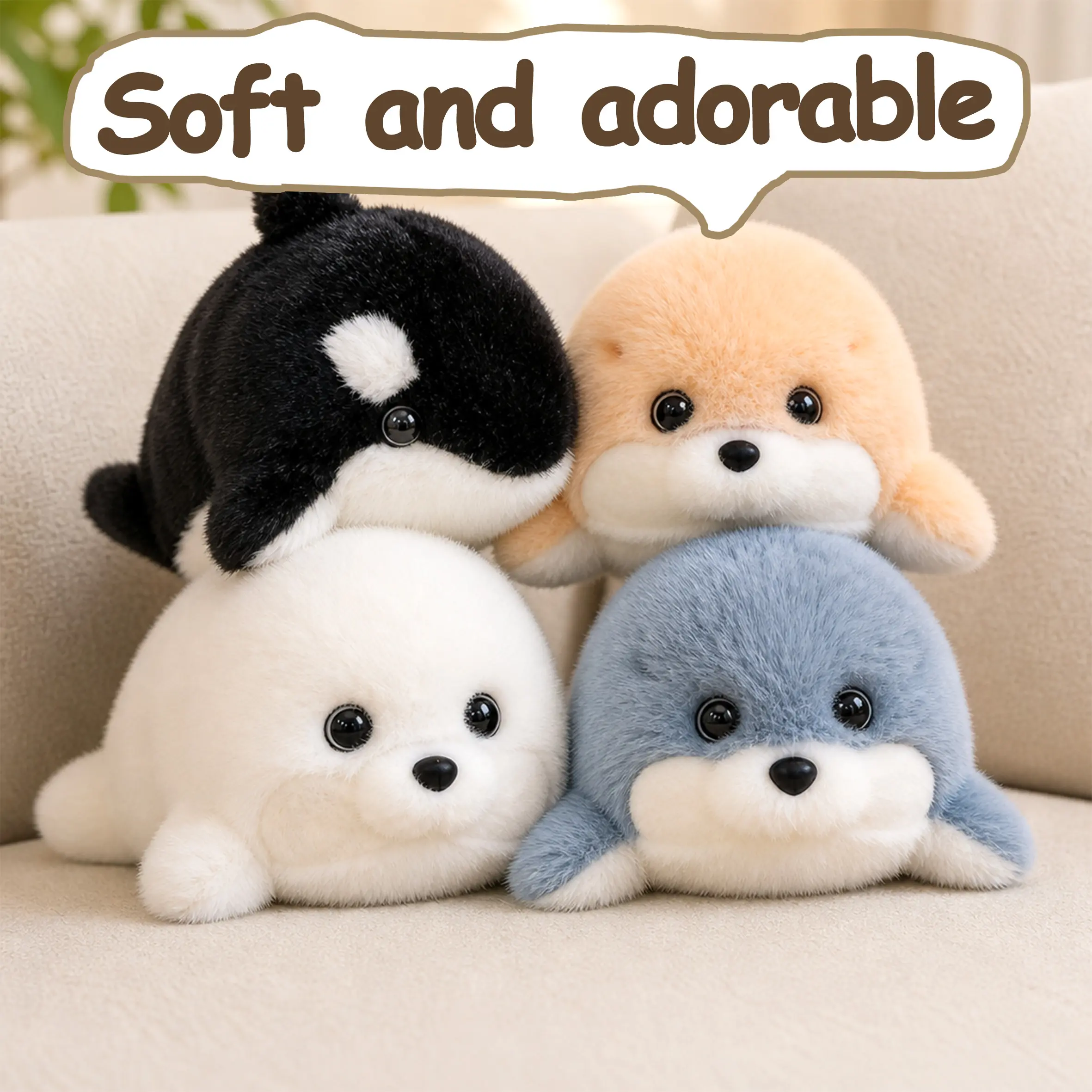 Small Soft Huggable Ocean-Themed Stuffed Toys - Unisex Orca Whale & White Seal Animal Character Cute Stuffed Toys, Fluffy Fabric Baby Dolls, Kids' Birthday Gifts, Party Table Decorations, Cute Stuffed Animals