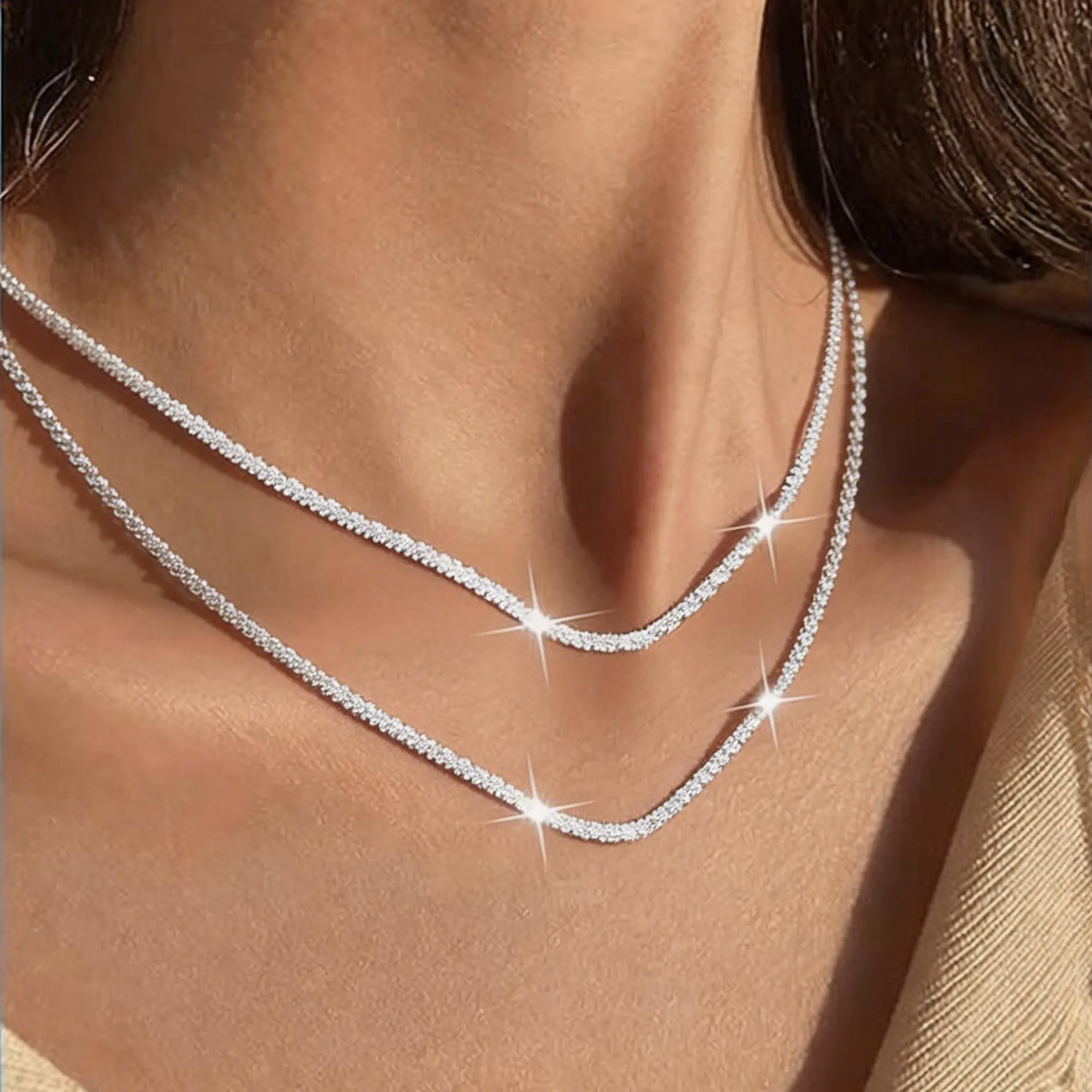 CASSIECA 2pc Layered Necklace Set for Women Silver Layered Necklace Style Necklace Sterling Silver Stackable Necklace Shiny Diamond-Cut Popcorn Chain for Women and Girls Summervibes