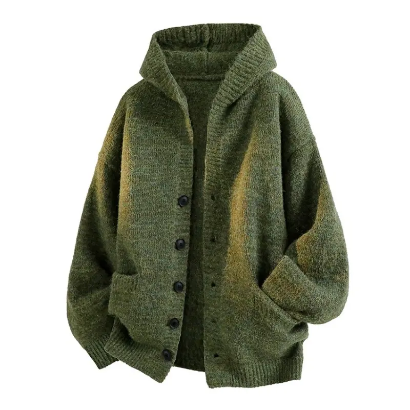Men's Vintage V-Neck Hooded Cardigan Sweater - Autumn Winter New Menswear Tops, Loose Long Sleeve Plain Fabric Knitwear, Casual Lazy Style Soft Comfortable Versatile Everyday Outerwear