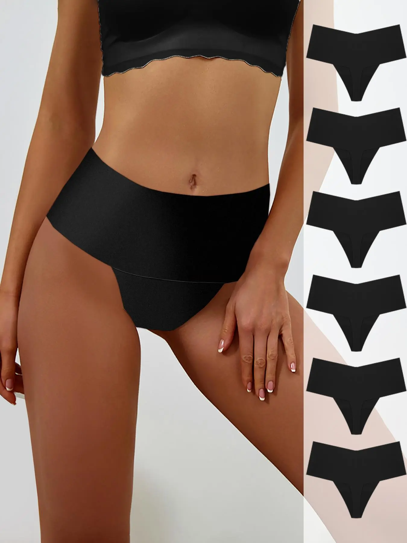 Women's Solid High Waisted Seamless Thong, Breathable Knicker, Plain Panty, Soft Stretch Panties, 6 Counts Knitted Stretch Underwear for All Seasons, Casual Soft Panties