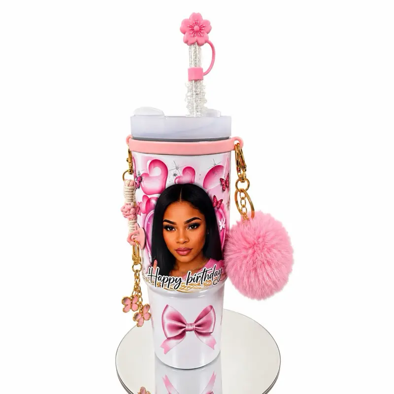 30 oz Personalized Tumbler Custom Picture Cup with Photo Names Lid and Straw Customized Skinny Tumblers Featuring Unique Keychain and Floral Design