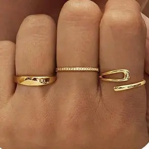 Tewiky 3 Rings Set 14K Gold Plated Stacking Rings for Women Stacking Ring Set Hypoallergenic Hoops Lightweight Tiny Thick Trendy Hoop Earrings Stacks for Multiple Piercing For Valentine's Day gifts