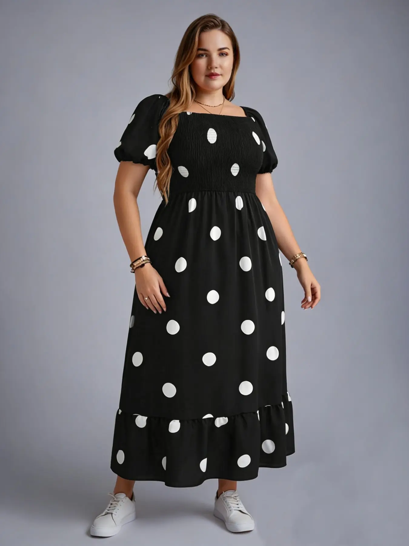 Plus-Size Women's French-Style Puff Sleeve A-Line Maxi Dress, All-Over Ditsy Floral Print, Boho Printed Floral, Square Neck Shirred Summer Dress, Casual Chic Style, Boho