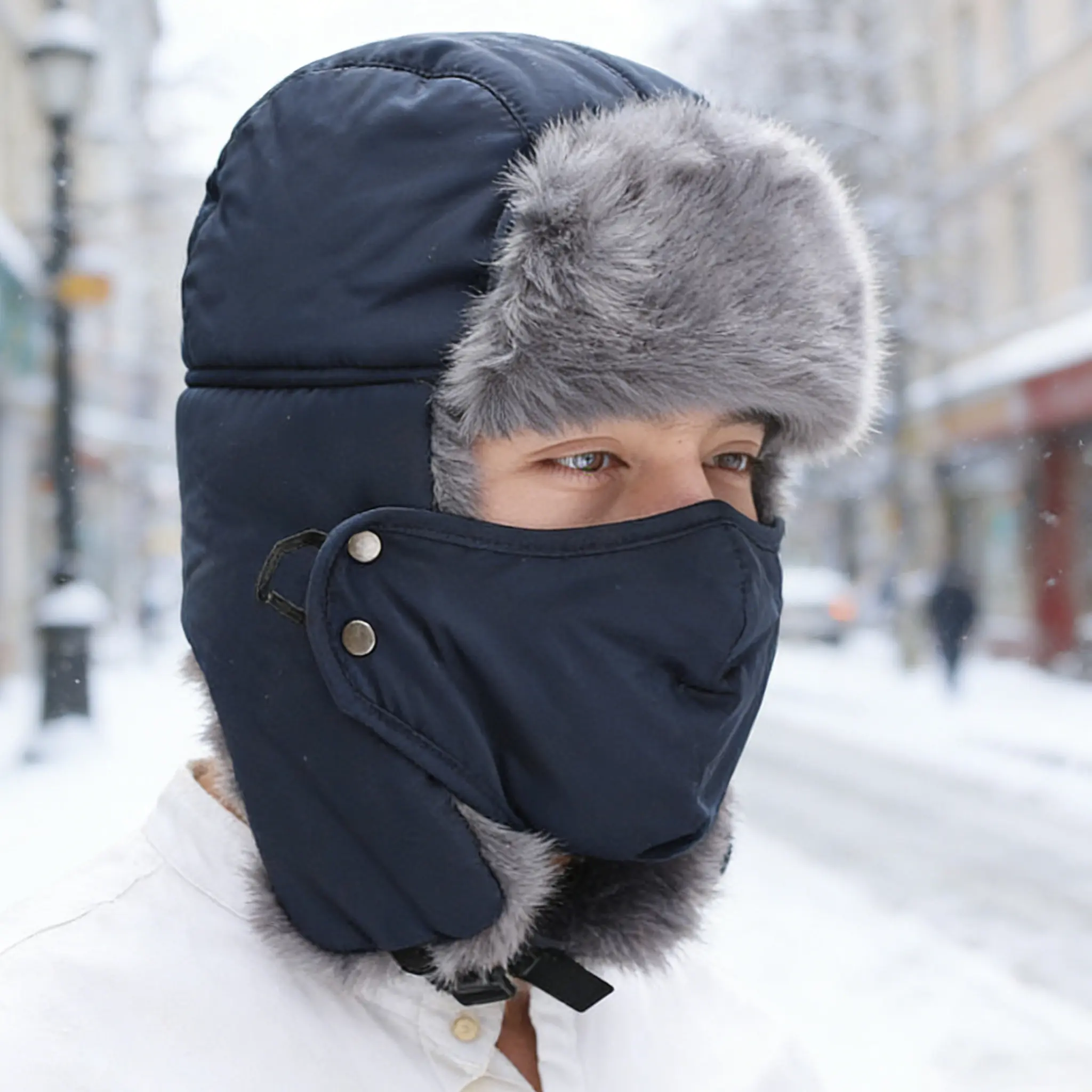 Unisex Balaclava Hat, Ear Protection and Cold-Proof Mask Hat, Windproof and Waterproof Snow Hat, Cavalry Hunter Hat, Winter Windproof and Warm Ear-Covering Hat, with Removable Face Mask and Faux Fur Ear Flaps, for Hunting and Outdoor Activities