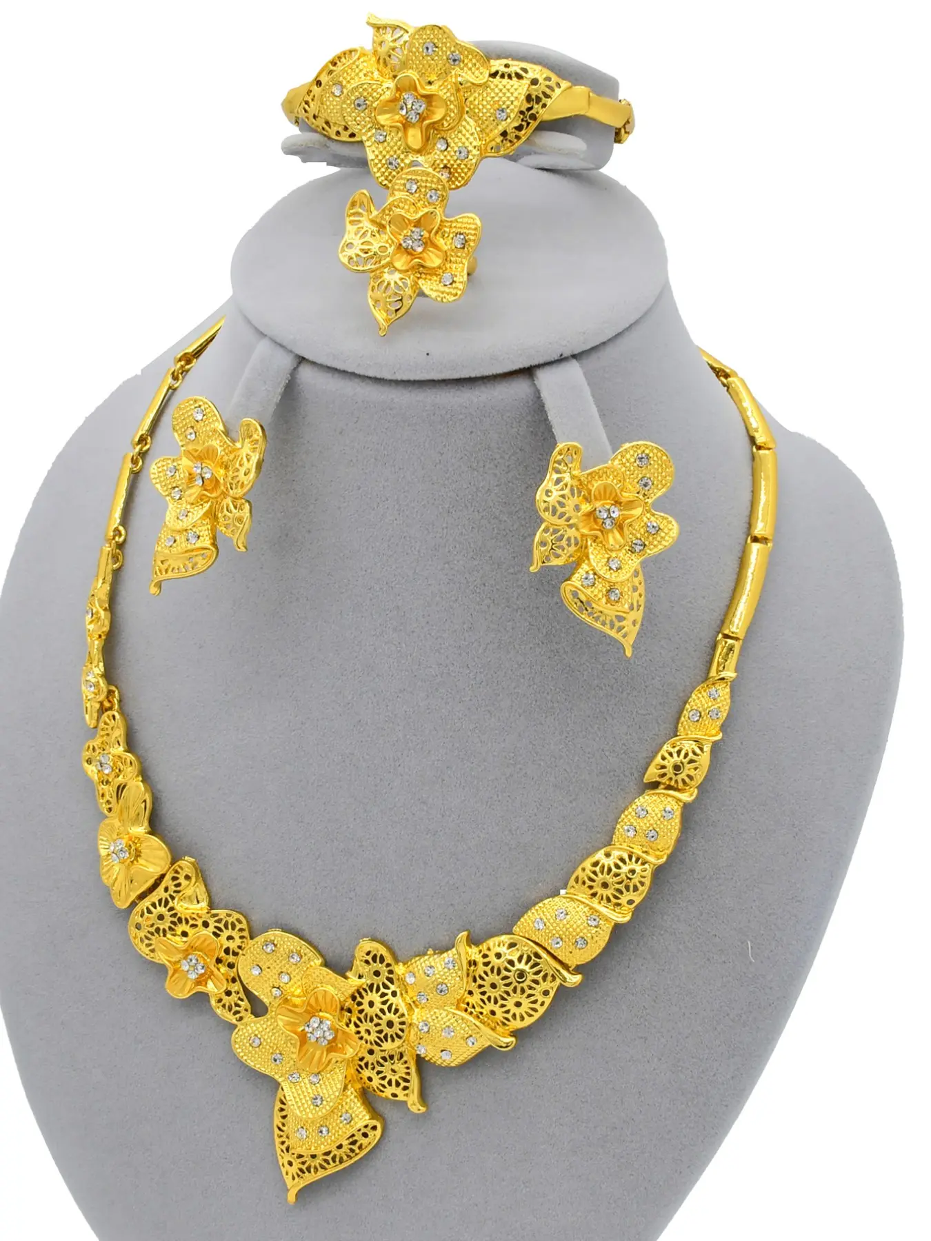 African Gold Plated Jewelry Set for Women, 4-Piece Dubai Arabic Style Floral Necklace Bracelet Ring Earrings, Elegant Party Accessories, Flower Necklace Set
