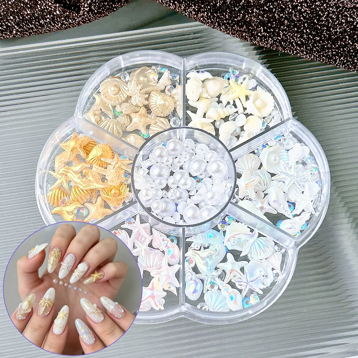 1Box Hot Selling Summer Beach Series Nail Charms Creative Colorful Fishtail Shell Starfish Coconut Tree Resin Nail Gems Nail Art Decorations for DIY Nails