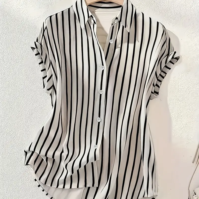 Vertical Striped Button Front Short Sleeve Shirt, Casual Office Commute Cover-Up, Stylish, Minimalist and Comfortable Blouse for Daily Wear, Business Casual Blouses, Tops, Casual Comfy Collared
