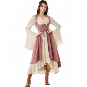 Two piece medieval women Renaissance period low cut pirate farmer low cut dress, leading autumn dress, suitable for women's Halloween, can be paired with raincoat