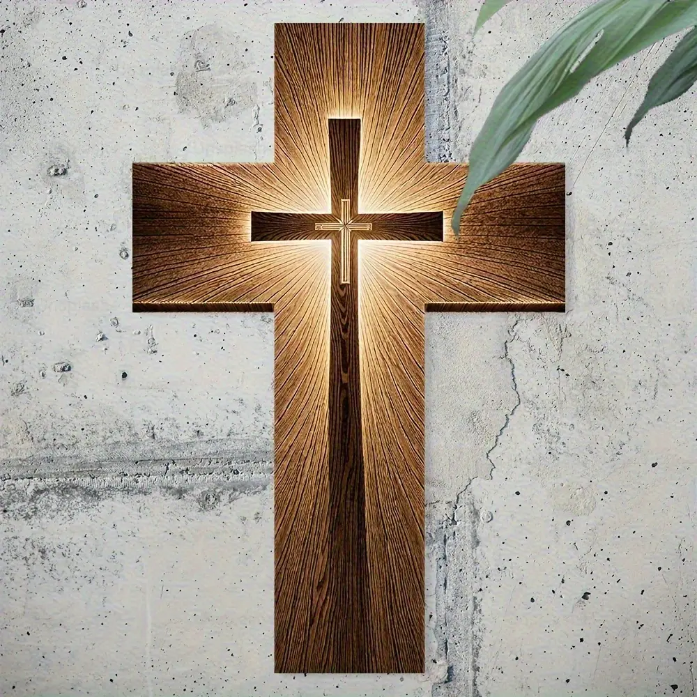 20x30 cm wall cross decoration, Wooden cross decorations, golden halo effect, wood grain appearance, church, home, office decoration, Christmas, Easter, spiritual decoration, Religious decor, church interior design, holiday decoration