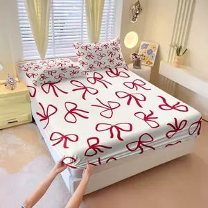 Red Bow Digital Print Fitted Sheet Set - 3 Piece Coquette Aesthetic Bedding, Deep Pocket Bed Sheet Set with 2 Pillowcases, Soft Microfiber for Bedroom & Dorm Room Decor, Perfect Valentine's Day Gift