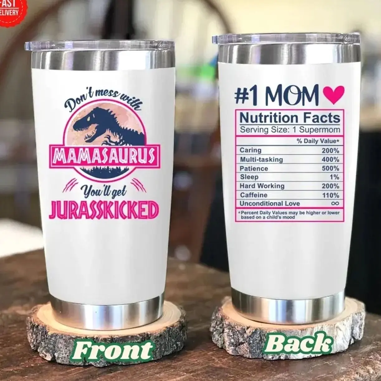 Mamasaurus Funny Tumbler 20oz for Mom, Mother’s Day Gift, Mom Nutrition Facts Cup, Stainless Steel Mug
