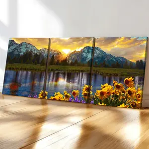 3-Pack Wood Frame Canvas Art Posters, Modern Living Room Decor, Waterproof Nature Landscape Sunset Prints, Home Office Bedroom Wall Art