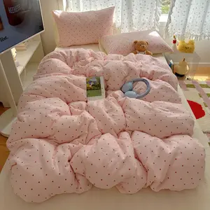 Pink Cute Polka Dot Bedding Set, Blue, 3-Piece Includes 1*Duvet cover and 2*Pillowcases, Soft Skin-Friendly Fabric, Korean Style for Girls Bedroom, Soft Bedding Sets