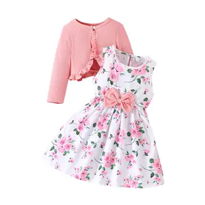 FOCUSNORM Toddler Little Girls Dress And Cardigan Sets 2 Piece Floral Print Sleeveless Dress and Long Sleeve Cardigan Set