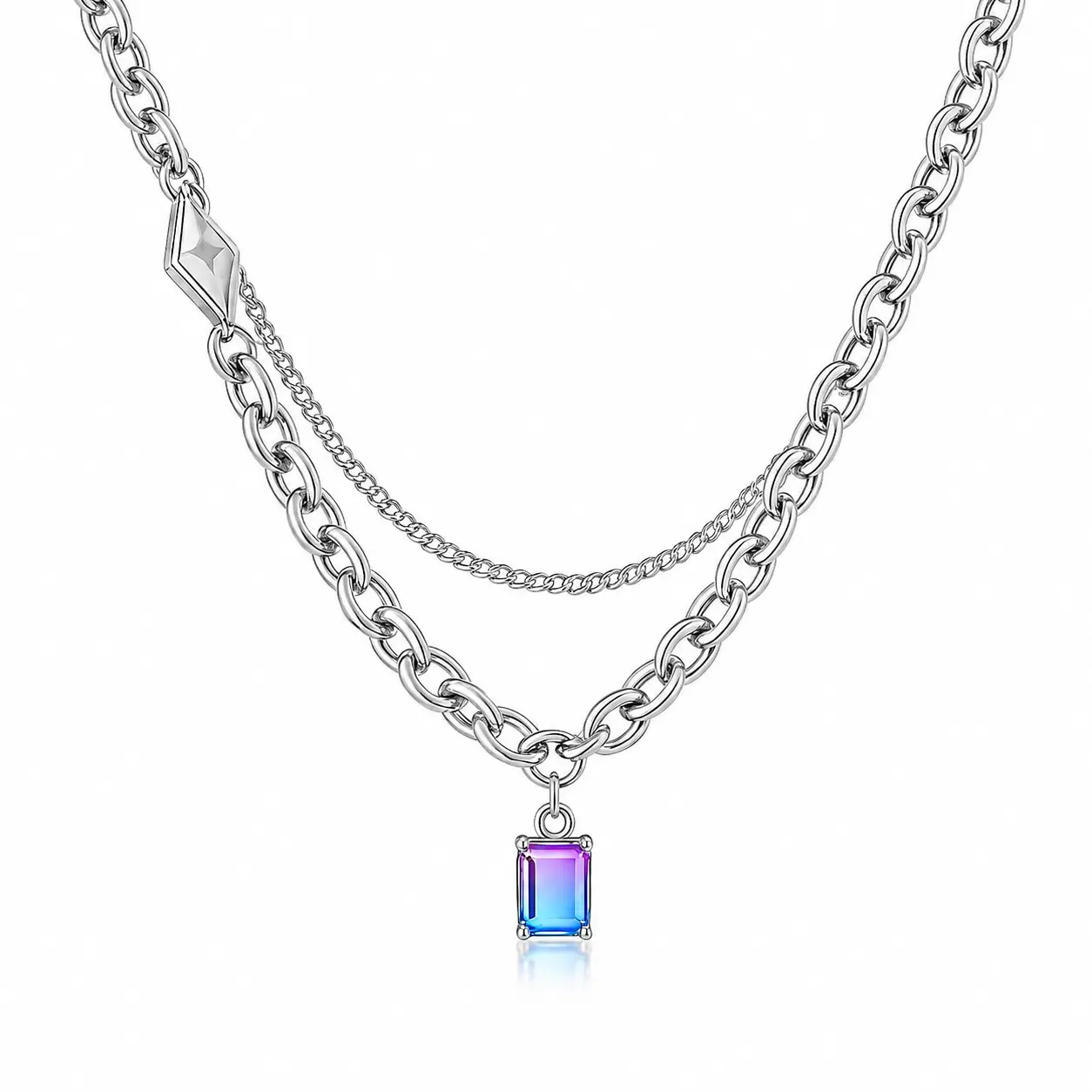 Premium Titanium Steel Double Layer Necklace – Gradient Gemstone Pendant, Unisex Y2K Chain