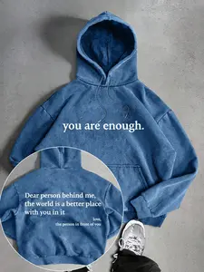 "You are enough." Inspirational slogan for men's retro-style washed hooded sweatshirt, fashionable and trendy casual hoodie.