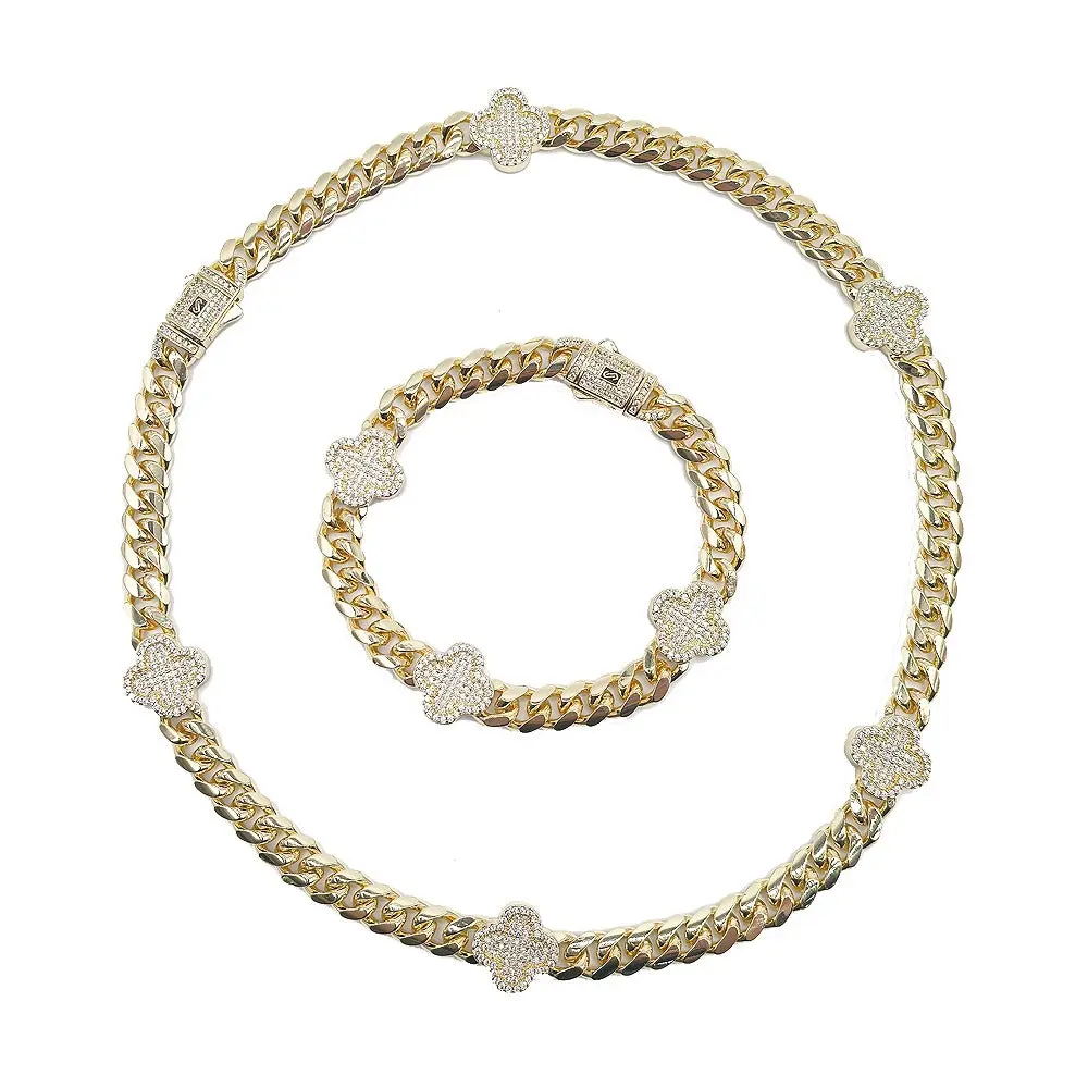 18 Karat Layered Gold-Plated Iced-Out Cuban Link Jewelry Gift Set - Clef Design Unisex Elegant Necklace, Hip-Hop Daily Costume Jewelry #184, Hip-Hop Jewelry Sets