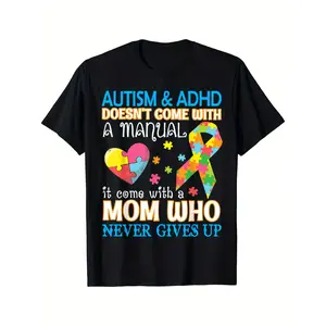 GGOR Women's Autism & ADHD Awareness Mom T-Shirt - It Doesn't Come with a Manual, It Comes with a Mom Slogan, Soft Breathable Crew Neck Tee with Puzzle Heart & Rainbow Design, All-Season Comf