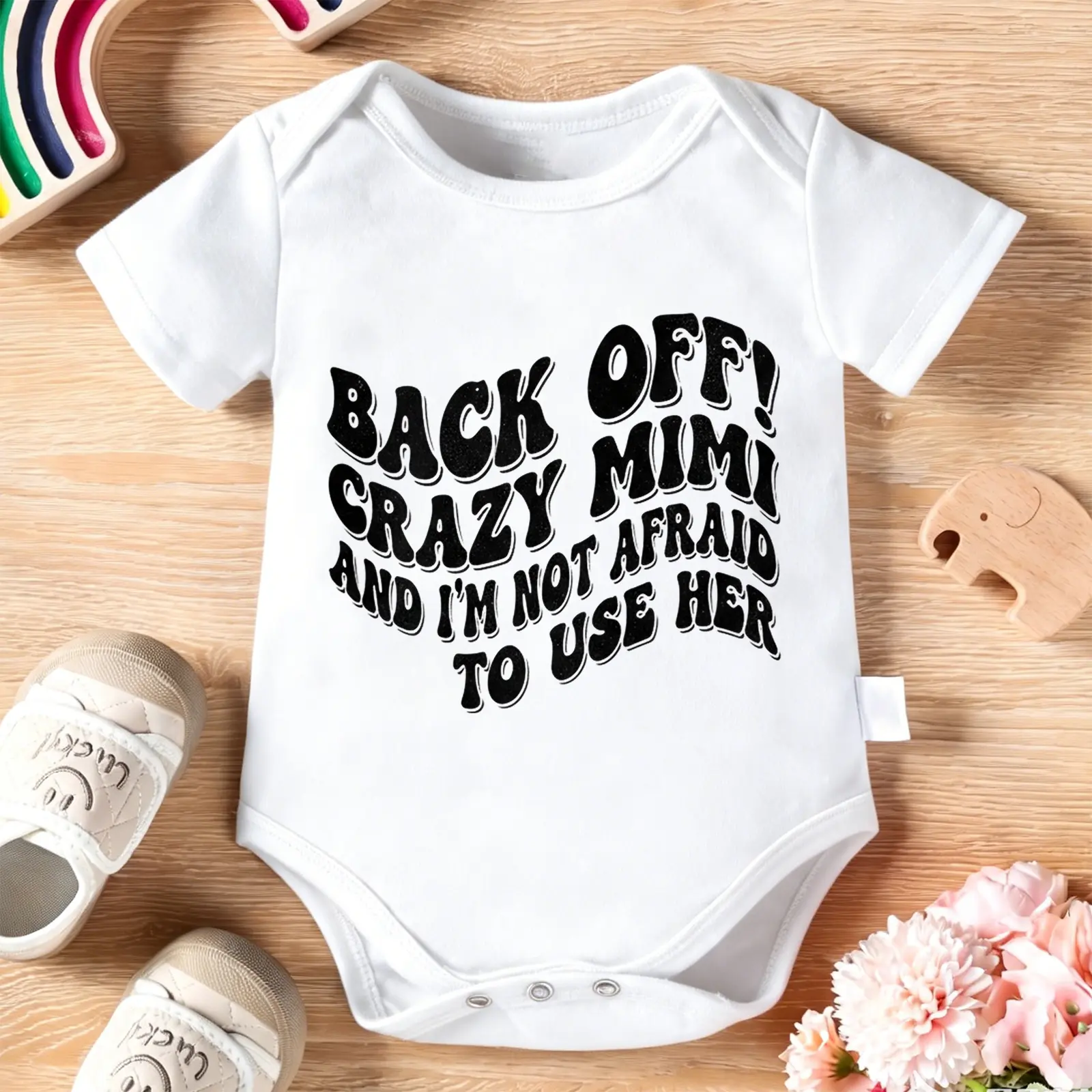 2026 Newborn Back Off Crazy Mimi Wavy Baby Bodysuit, 100% Cotton Soft Short Sleeve Romper for All Seasons Funny Casual Onesie for Baby Boys & Girls – Perfect for Indoor & Outdoor Wear (0-2T) Baby Gift Outfit