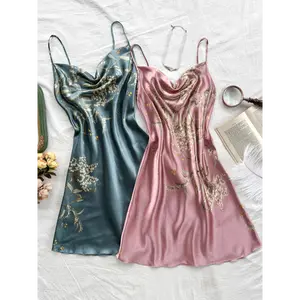 2-Pack Women'S Sexy Satin Slip Dress Nightgowns, Floral Print Cowl Collar, All-Season Polyester Sleepwear, Woven Adult Loungewear