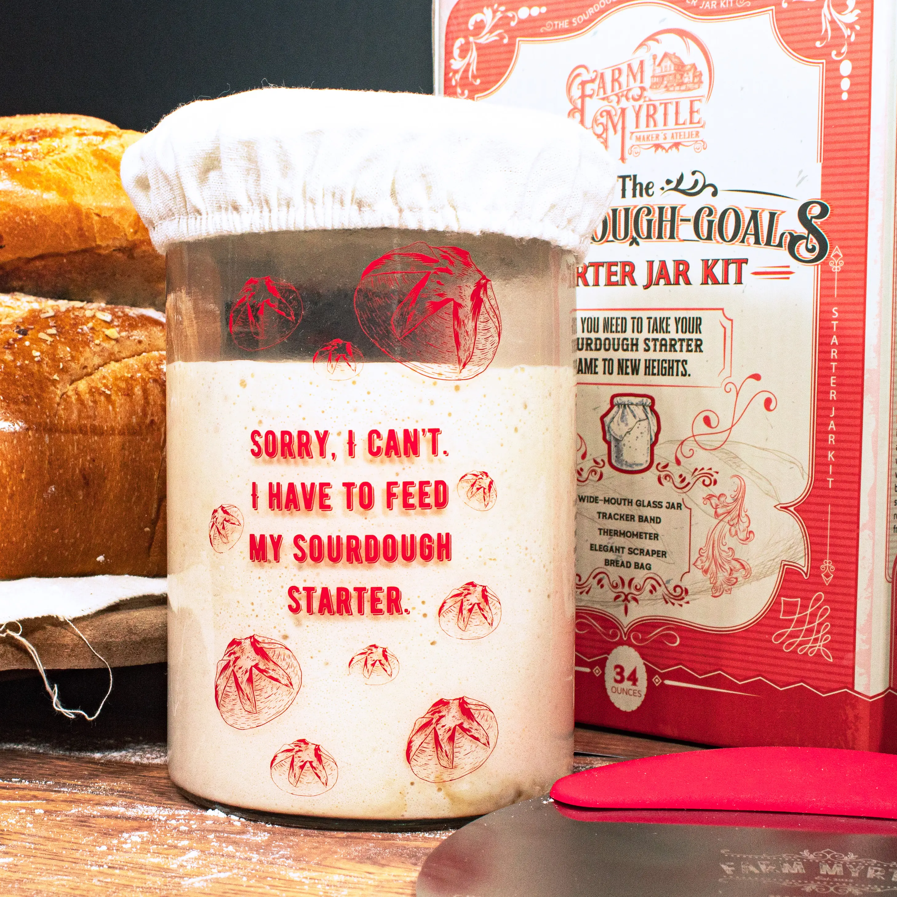 Farm Myrtle Retro Farmhouse Sourdough Jar Kit with Starter Jar Thermometer Dough Scraper & Bread Bag Baking Gift for Bread Enthusiasts Food Grade